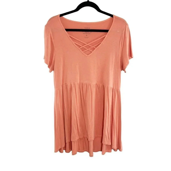 torrid Tops - Torrid Salmon/Orange High Low Baby Doll Tunic Tee with Strappy Front Women's 0X